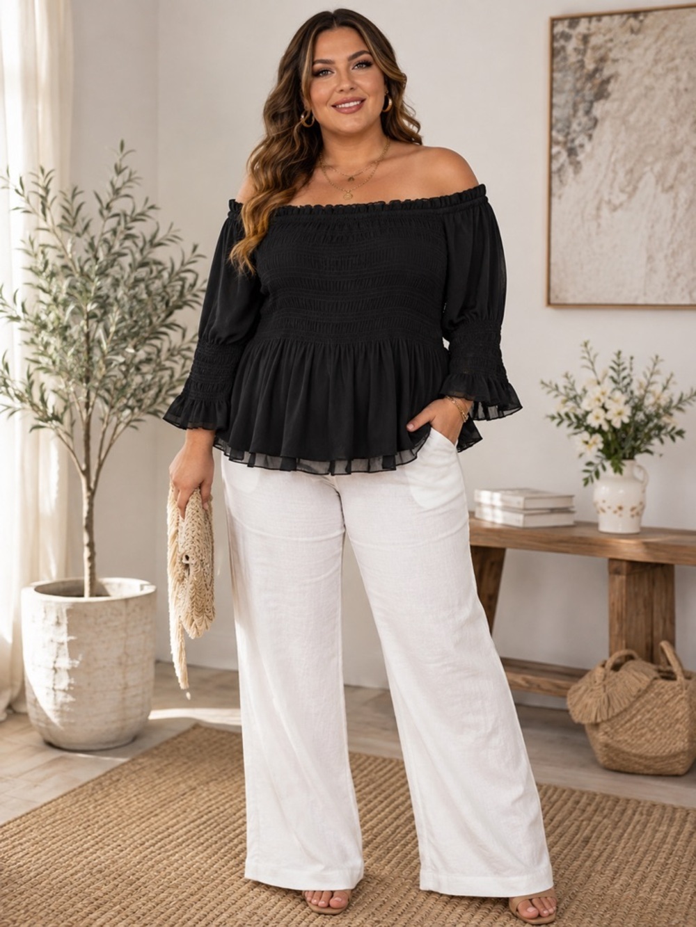 Torrid Blouse Size 4 Black Smocked Off Shoulder Sheer Peplum Plus Top